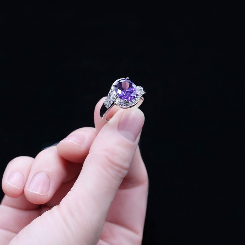 Uloveido Women Platinum Plated Simulated Purple Oval Amethyst February Birth Stone Solitaire Engagement Wedding Rings Dainty (Size 7) J334 - Image 3